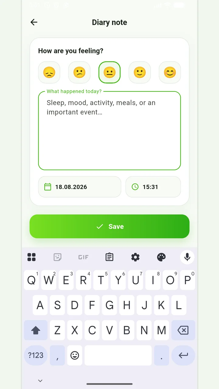 Recording your well-being and notes in Vesometr