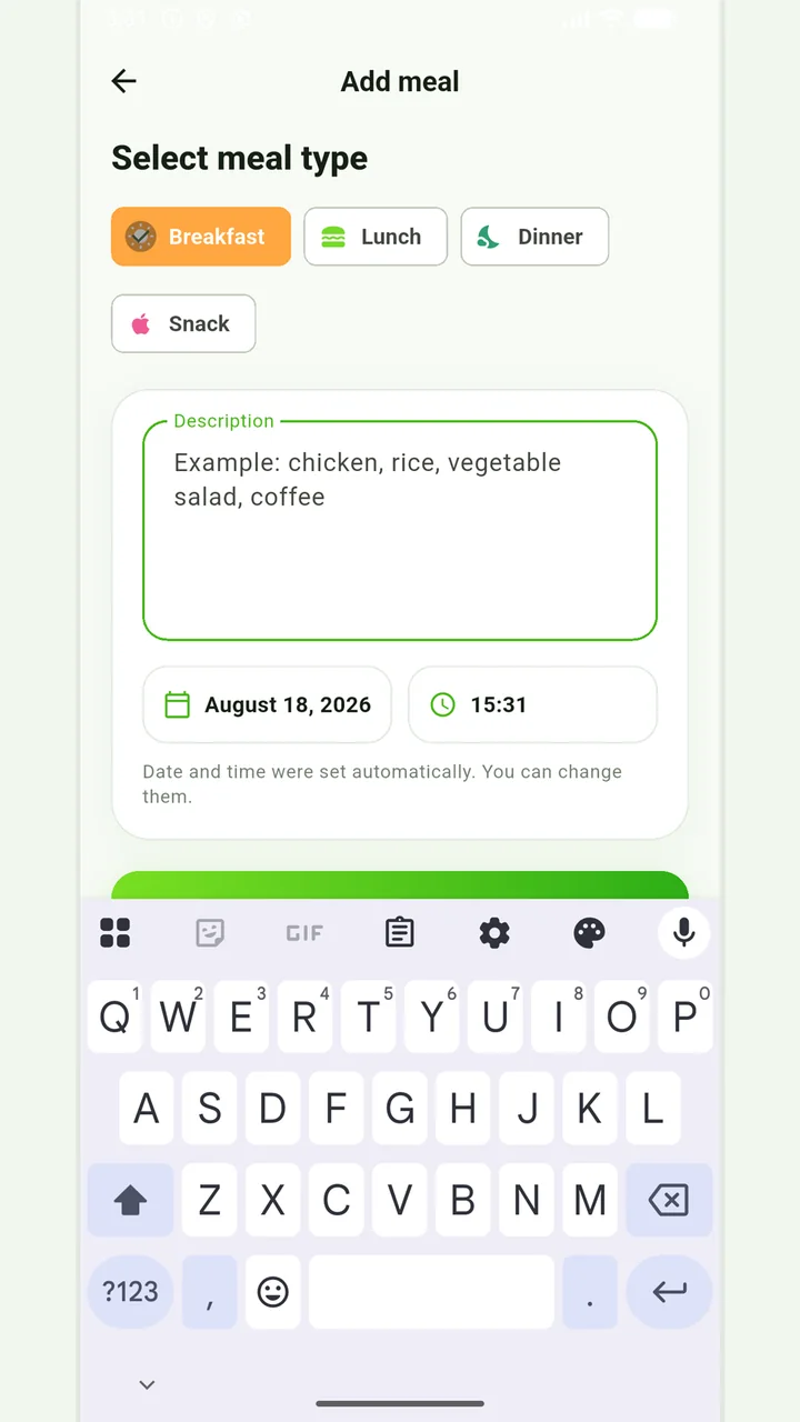 Simple meal journal in Vesometr