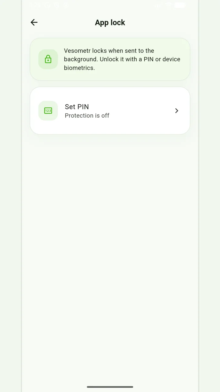 Vesometr PIN and biometrics