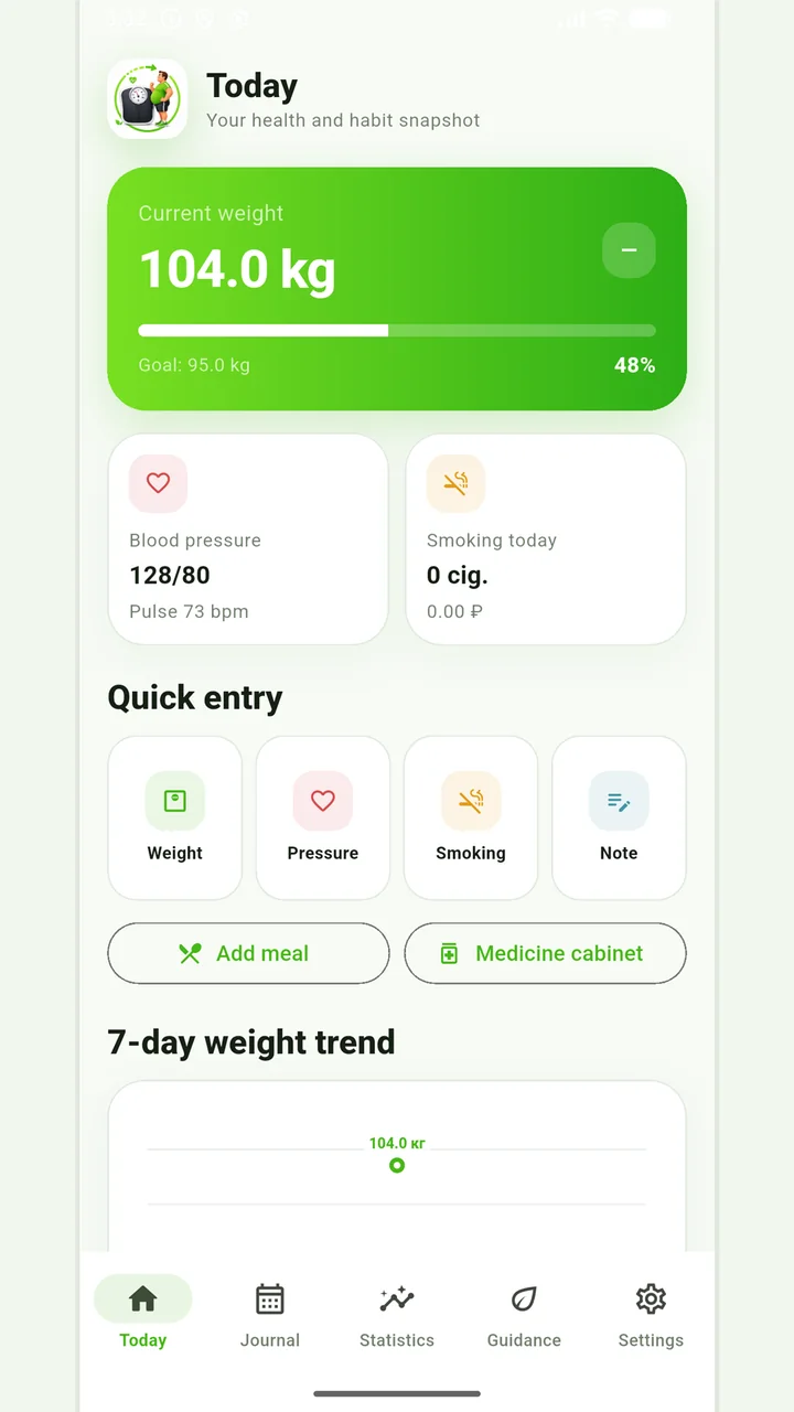 Vesometr main screen with weight, pressure and quick entries